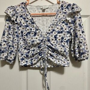 Floral Ruched Blue and White Women's Top